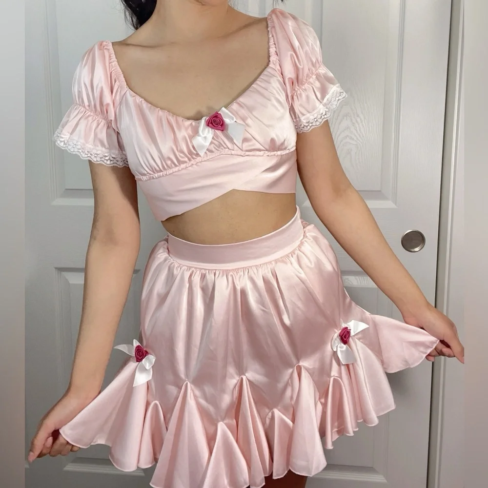Sugarthrillz satin pastel pink lace and rosette crop top and skirt set